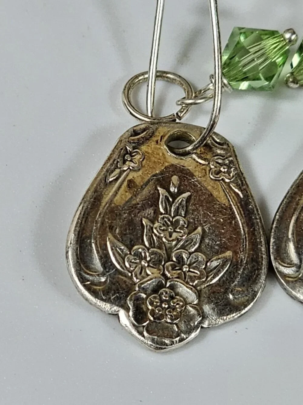 Silver Floral Spoon Handle Earrings with Green Crystal Beads Dangle Drop VTG - Picture 7 of 8